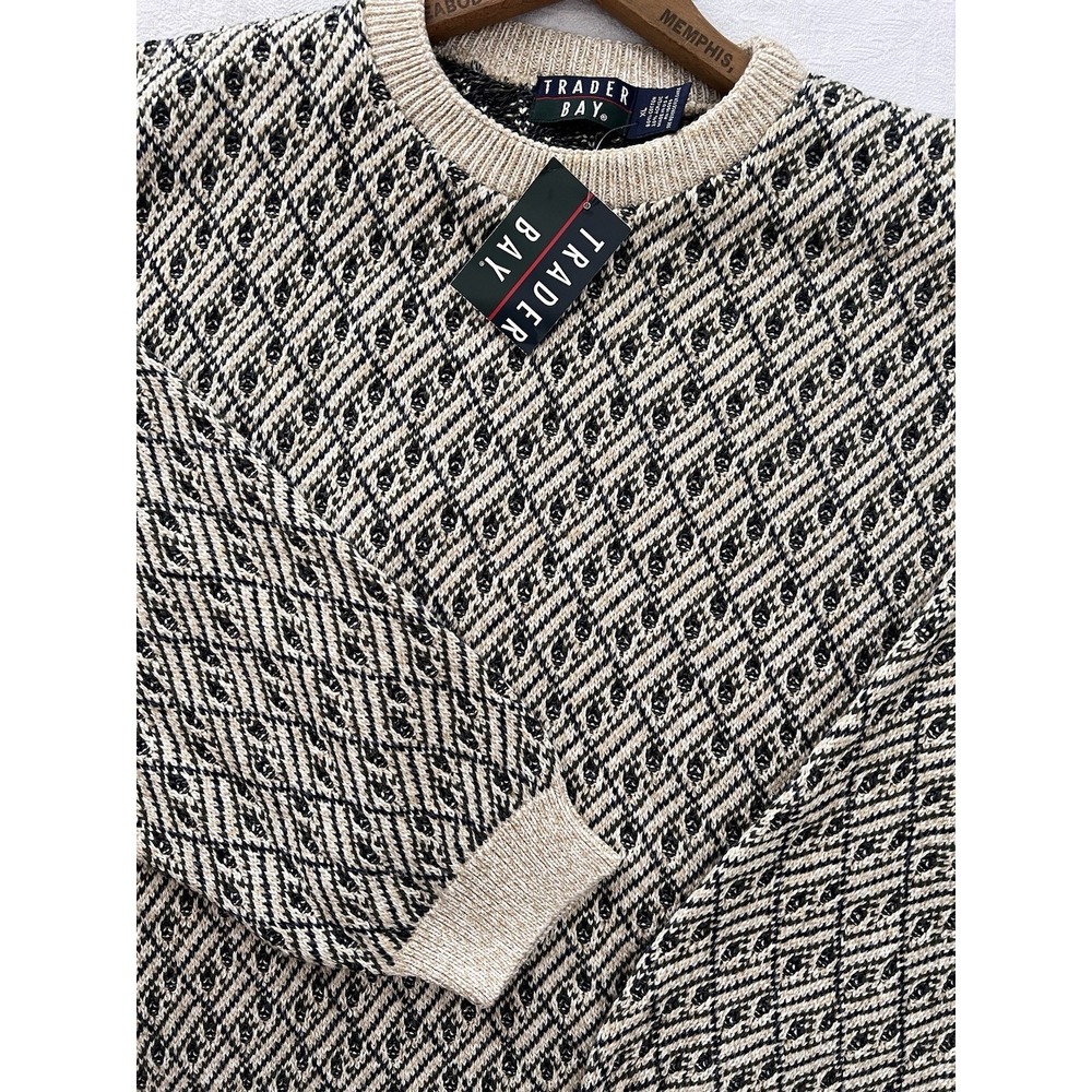 Vintage New 90s Trader Bay‎ Sweater Men's XL BOXY Beige Blue Diamond Pattern